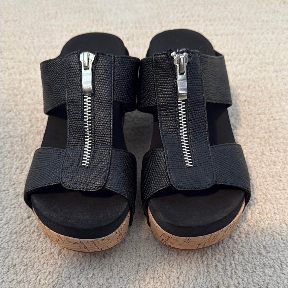 Corkys Black Wedge Sandals with Zipper Detail